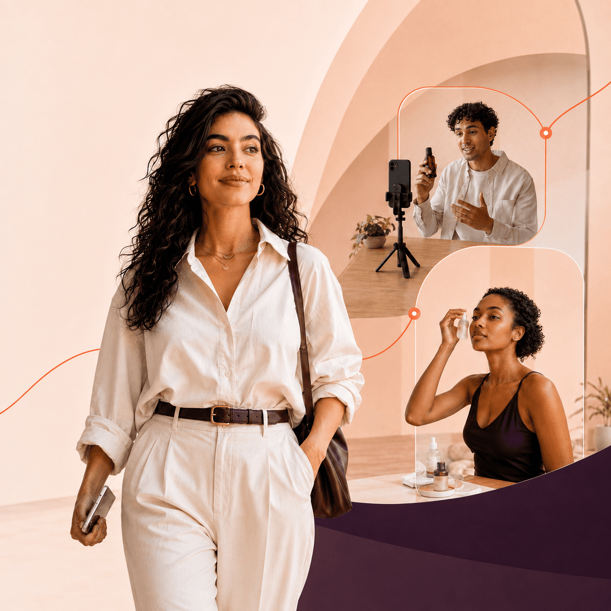 Creator walking in a cream shirt and trousers, with two smaller framed shots of other creators filming content behind her